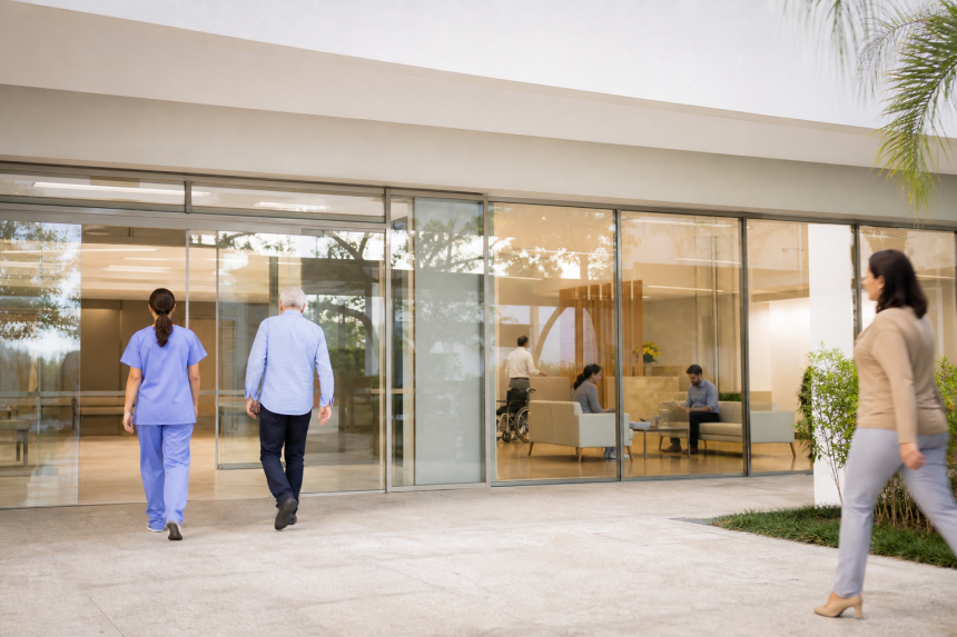 Fachada genérica de hospital particular com equipe de saúde e pacientes em área de atendimento, sem logotipos ou textos legíveis