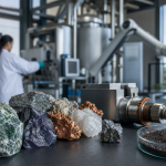 Amostras de minerais e equipamentos industriais associados à pesquisa e à transformação mineral no Brasil.