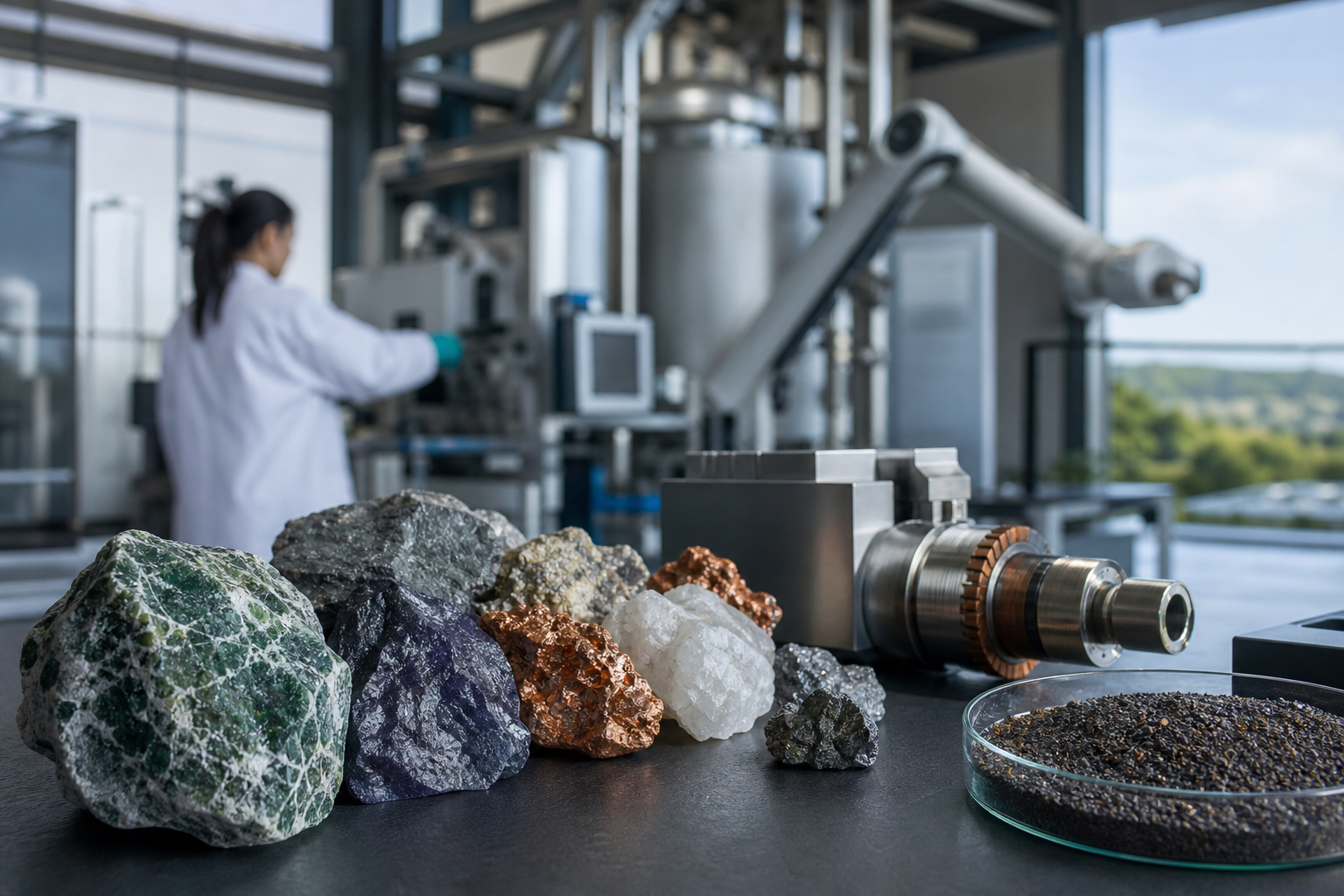 Amostras de minerais e equipamentos industriais associados à pesquisa e à transformação mineral no Brasil.