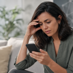 Mulher usando celular em ambiente doméstico durante ação de proteção contra violência digital