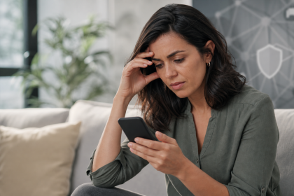 Mulher usando celular em ambiente doméstico durante ação de proteção contra violência digital