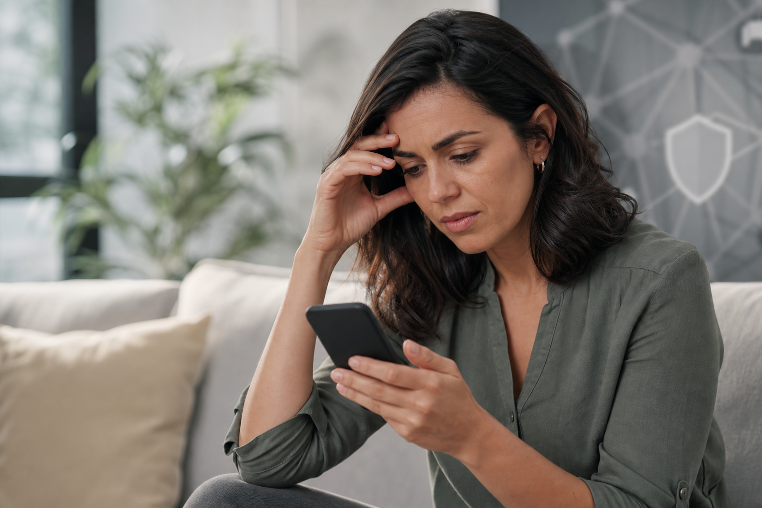 Mulher usando celular em ambiente doméstico durante ação de proteção contra violência digital