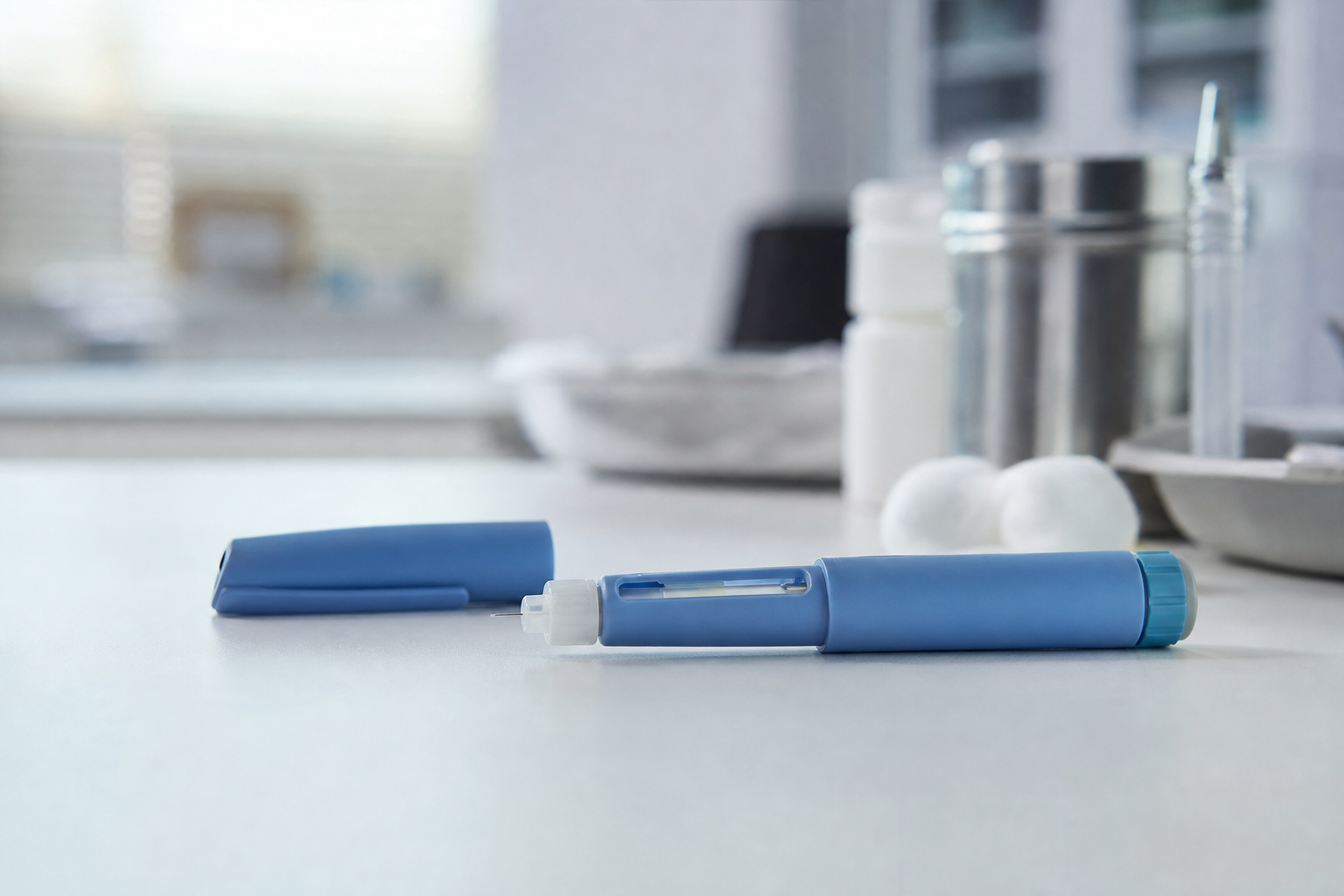 Caneta aplicadora de medicamento para tratamento da obesidade sobre bancada branca, sem rótulos, letras ou números legíveis
